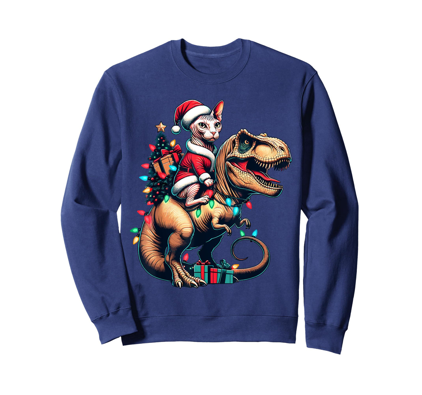 Funny Sphynx Cat Rides Santa T-Rex Vintage Christmas Sphynx T-Shirt for Men Women Kids