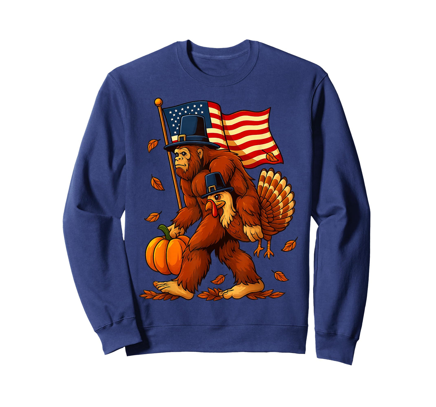 Funny Bigfoot Turkey Thanksgiving American Flag Pumpkin Fall T-Shirt