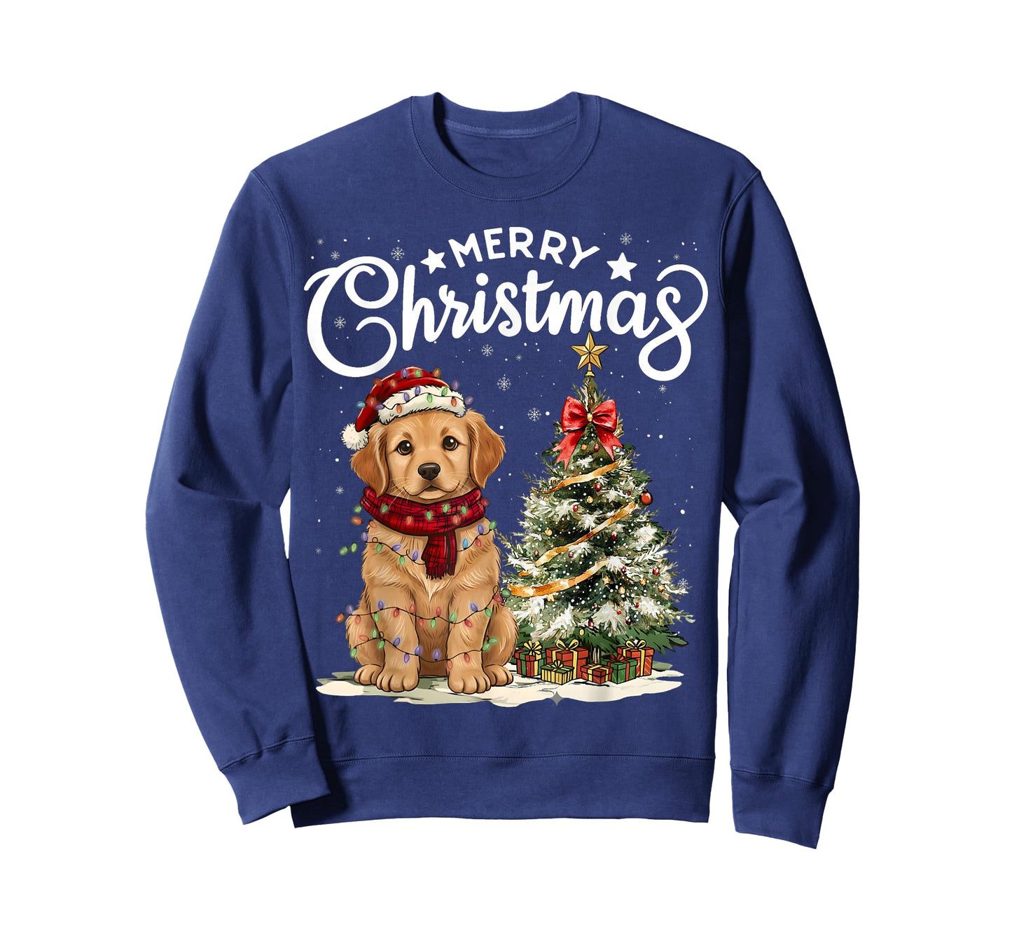 Golden Retriever Merry Christmas Dog Santa Hat Tree Lights T-Shirt