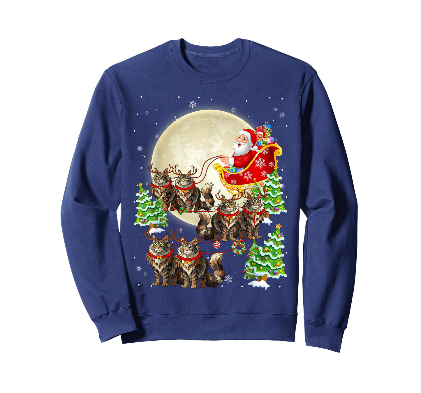 Funny Maine Coon Cat Reindeer Santa Sleigh Merry Christmas T-Shirt