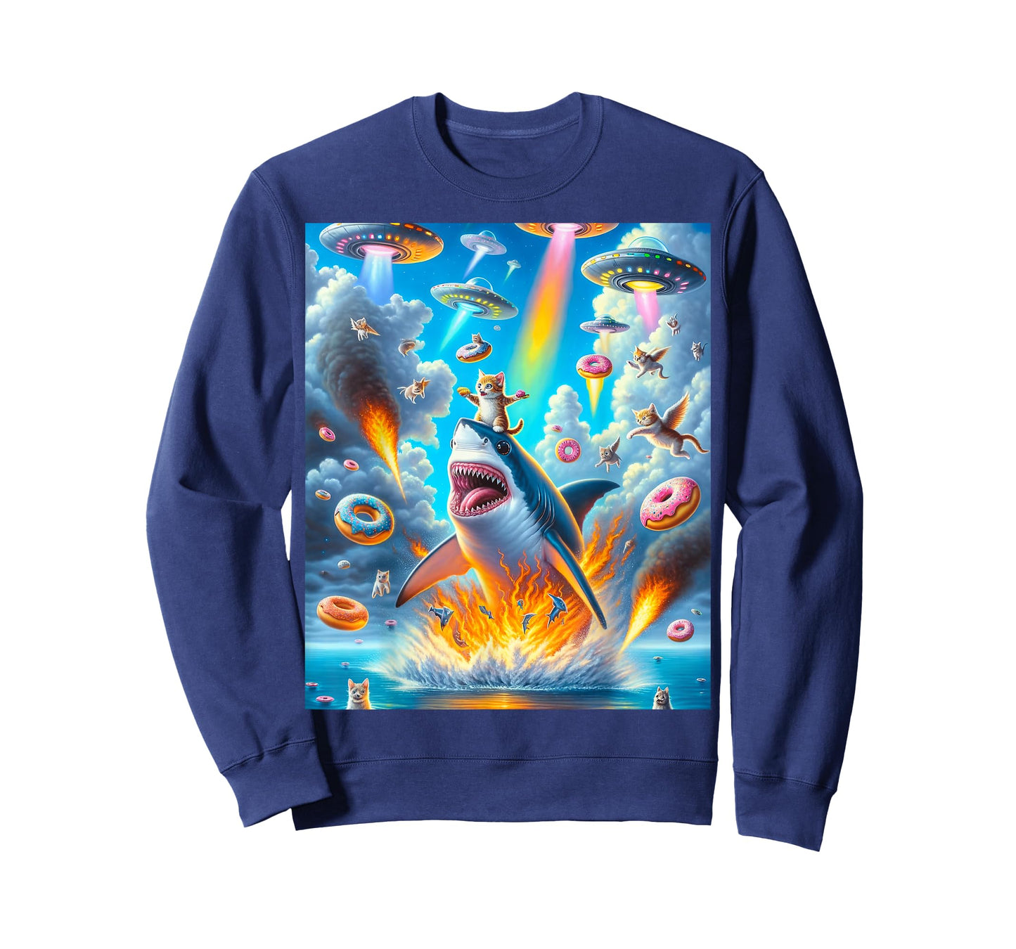Cat Kitty Riding Fire Breathing Shark Rainbow Laser Taco T-Shirt