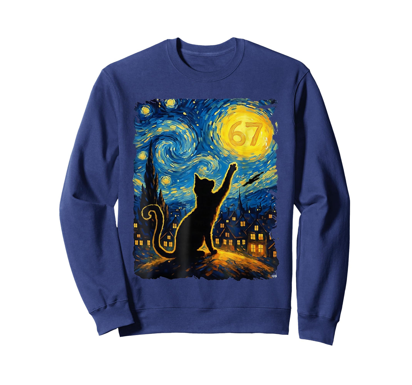 Funny Six Seven 6 7 Meme Starry Night Van Gogh Black Cat T-Shirt