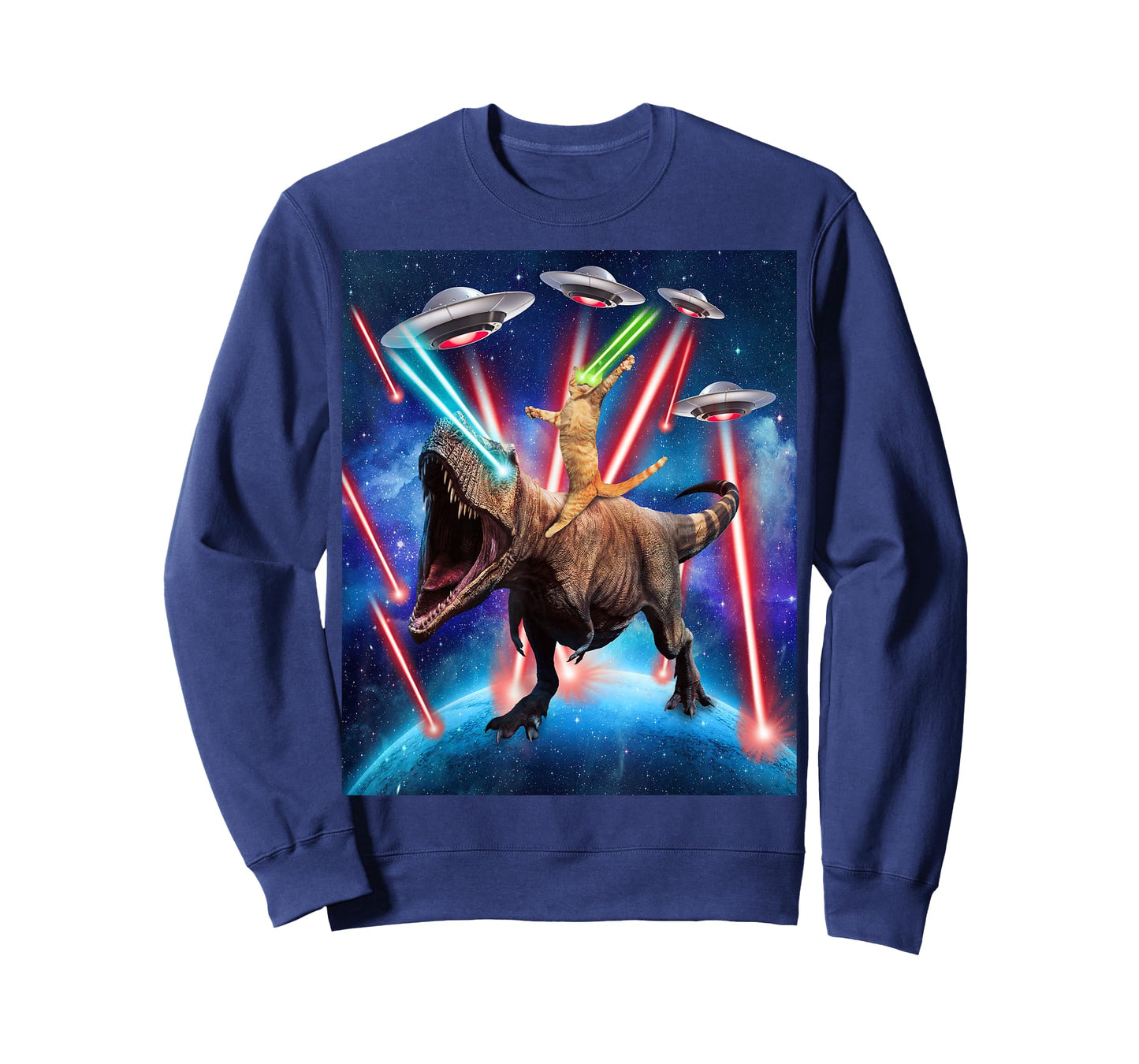 Space Cat Riding Dinosaur T rex Laser Eyes UFO Funny Cat T-Shirt