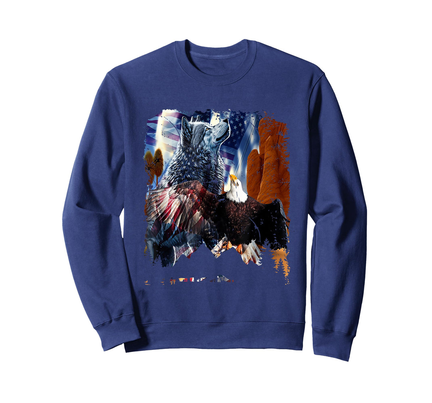 Wolf With Bald Eagles American Flag Patriotic Independence Women Men T-Shirt