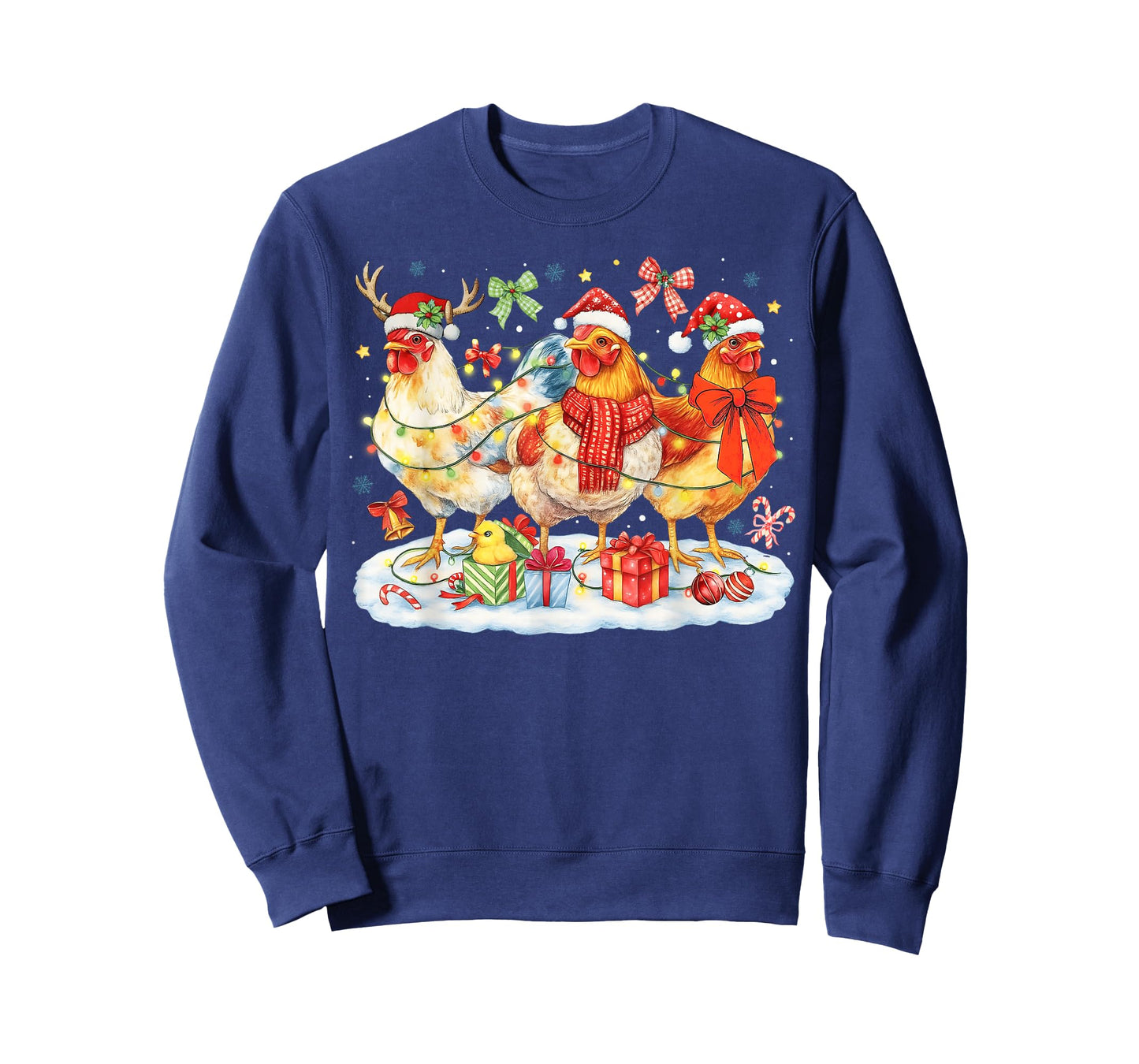 Chicken Christmas Lights Santa Hats Reindeer Funny Holiday T-Shirt