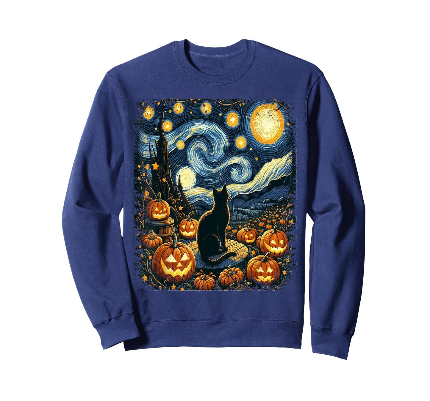 Halloween Van Gogh Starry Night Black Cat Pumpkins Men Women Kids T-Shirt