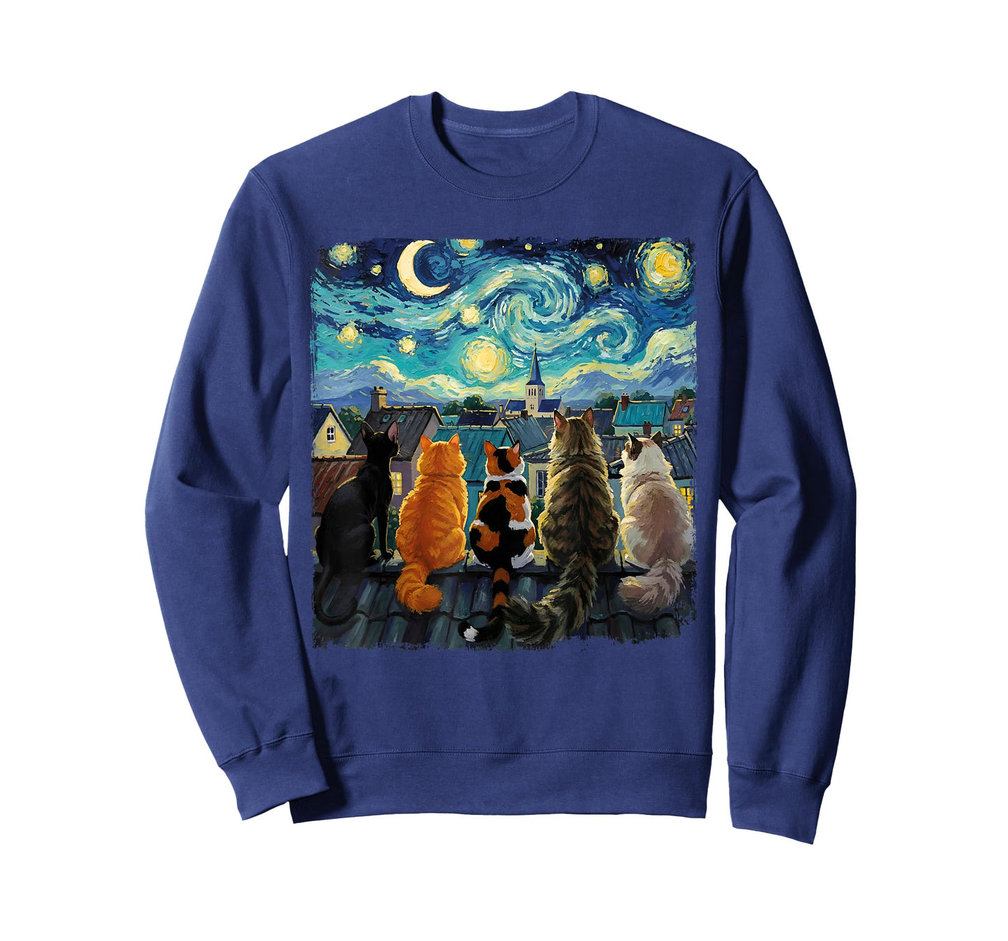 Funny Cat Starry Night Van Gogh Cats Rooftop Scene Feline T-Shirt