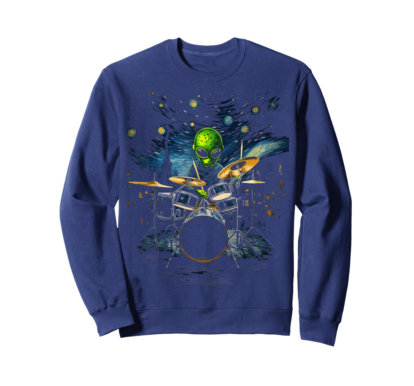 Drum Kit Percussionist Drummer Van Gogh Alien Playing Drums T-Shirt