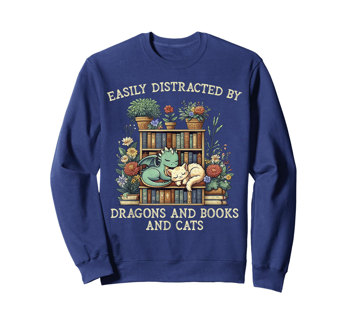 Easily Distracted By Dragons Books Cats Fantasy Book Lover T-Shirt