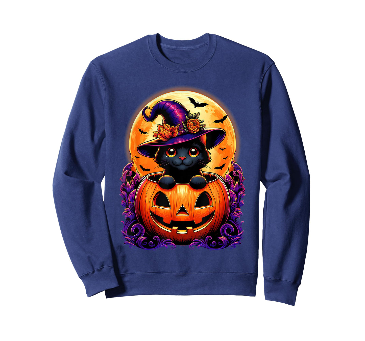 Black Cat Witch Hat Pumpkin Funny Halloween Men Women Kids T-Shirt
