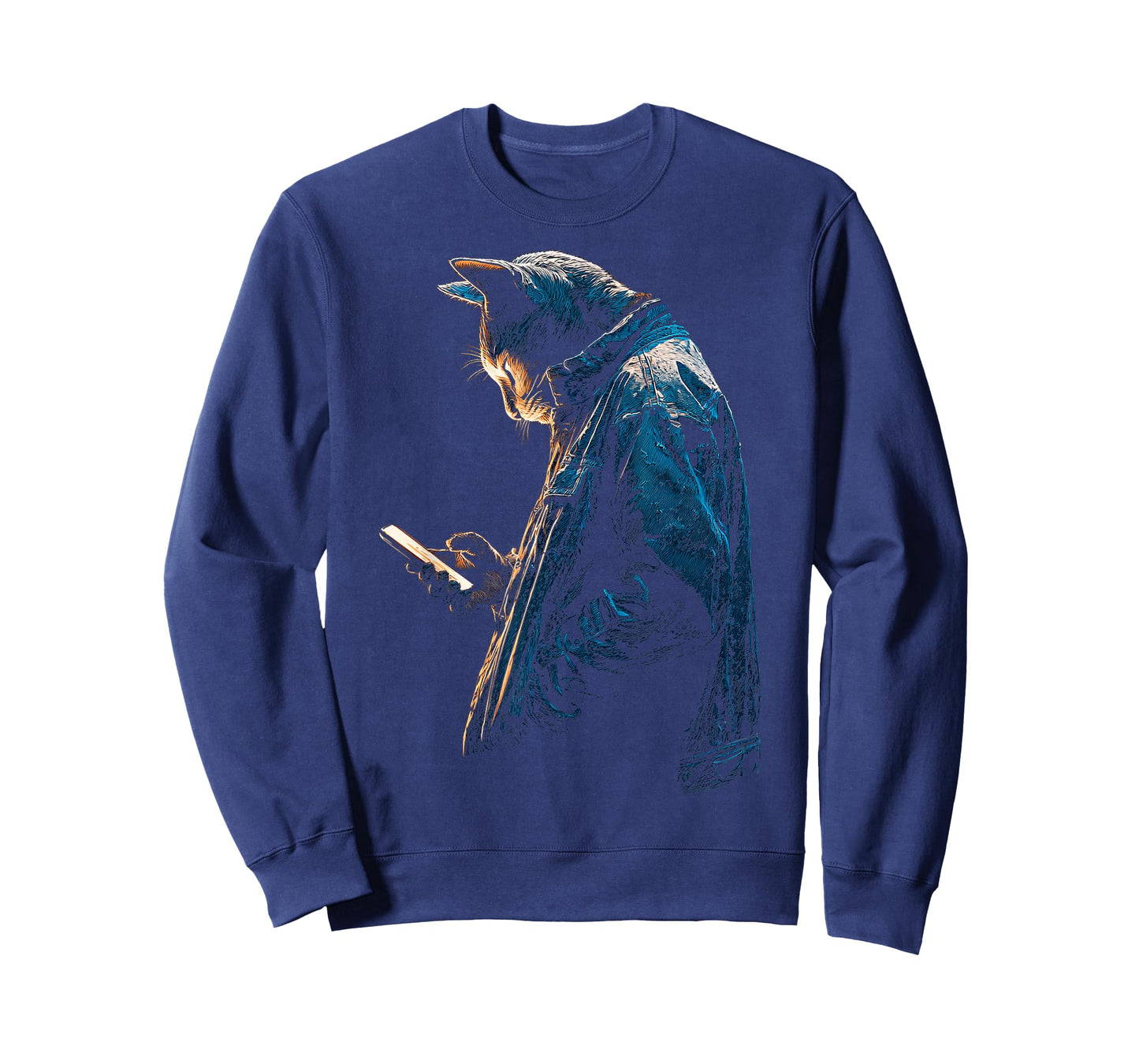 Cat Holds Cellphone Wandering Graphic Animal Artwork Cat T-Shirt