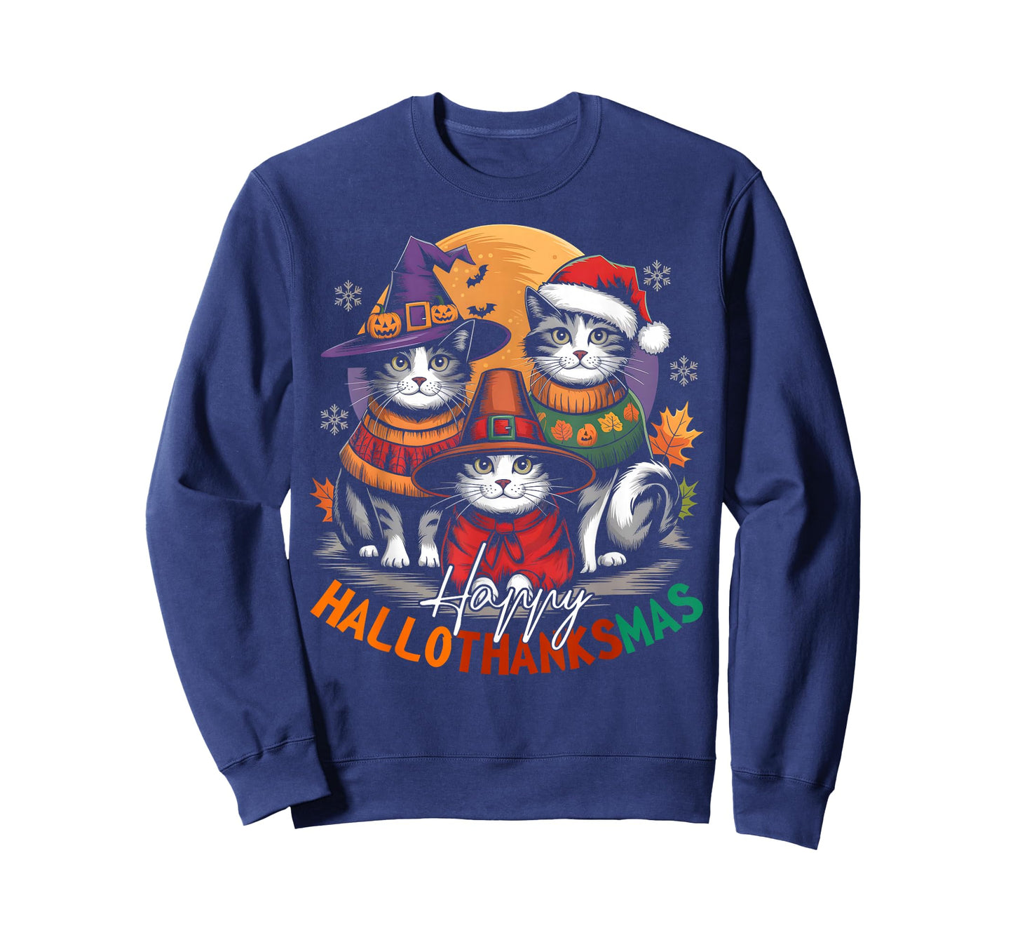 Happy HalloThanksMas Halloween, Christmas, Thanksgiving Cats T-Shirt