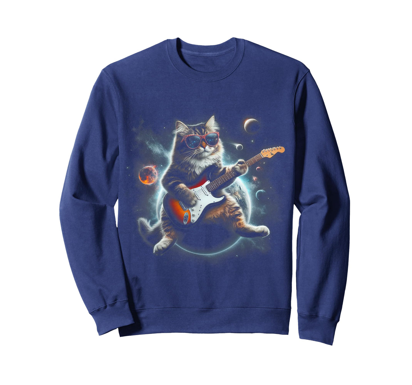 Rock Cat Playing Guitar Electric in space Funny kitty Galaxy T-Shirt for Men Women Kids
