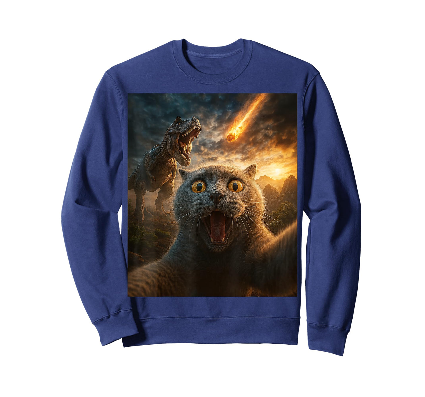 Funny Cat Selfie with Dinosaur and Meteor Apocalypse Gifts T-Shirt