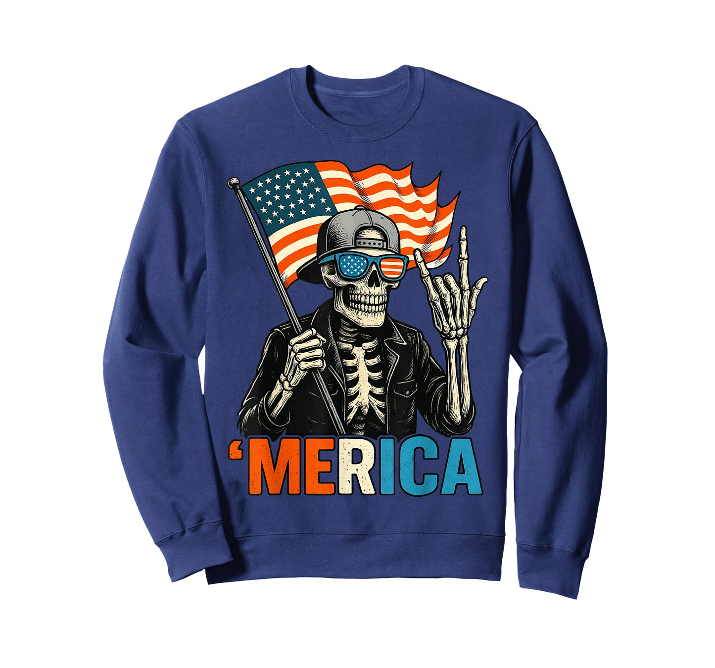 Skeleton Merica Rock American Flag Patriotic USA 4th of July T-Shirt