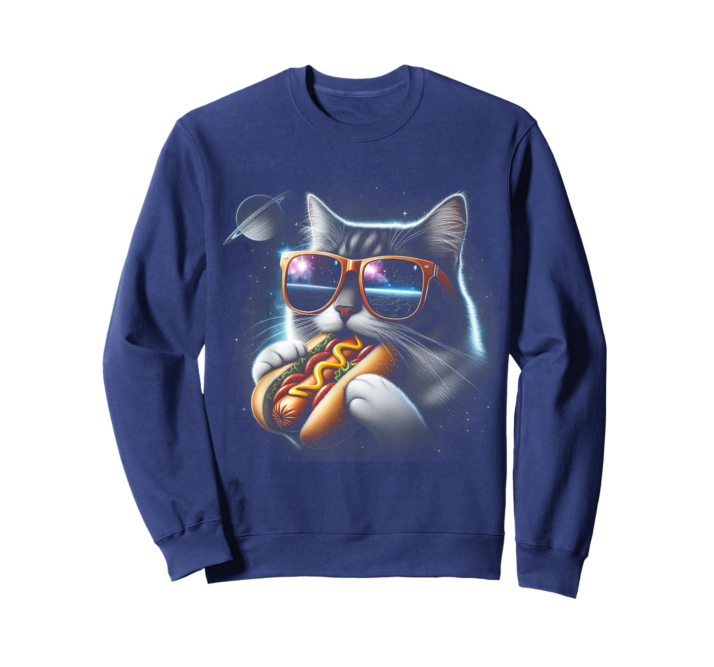 Funny Cat Eating Hotdog in Space Kitty Space Galaxy T-Shirt