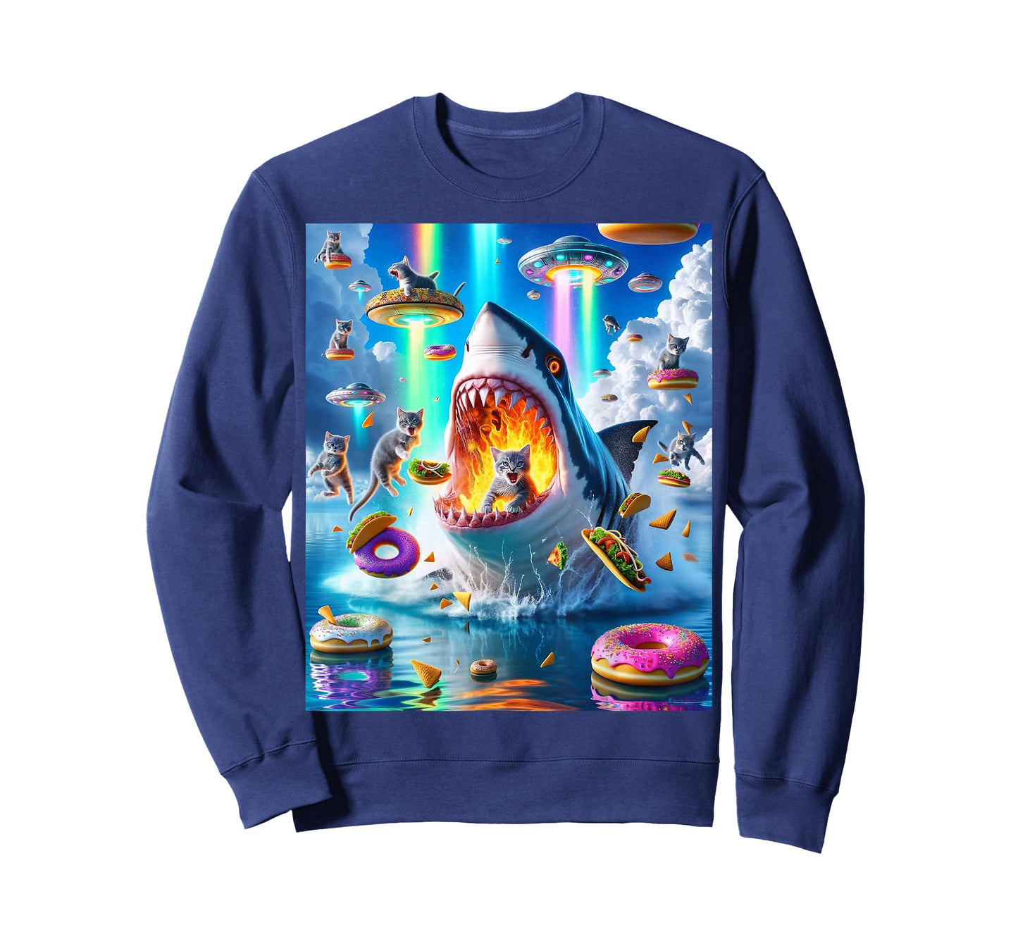 Cat Kitty Riding Fire Breathing Shark Rainbow Laser Taco T-Shirt