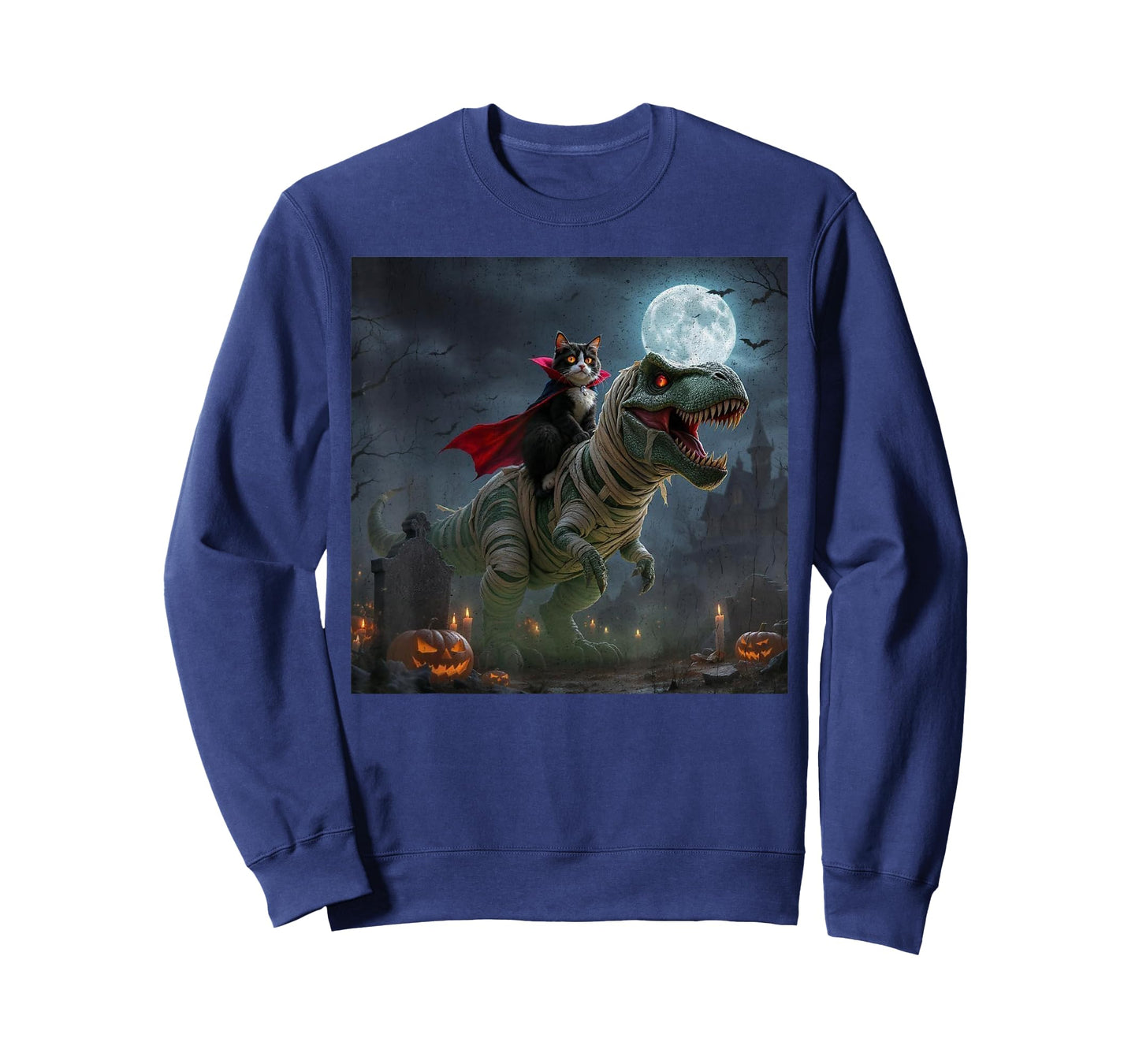 Funny Cat Vampire Riding a T-Rex Cute Halloween Meme T-Shirt
