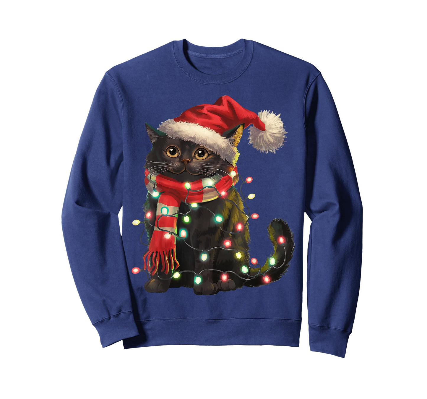 Black Cat Christmas Lights Santa Hat Christmas Cat Lover T-Shirt for Men Women Kids