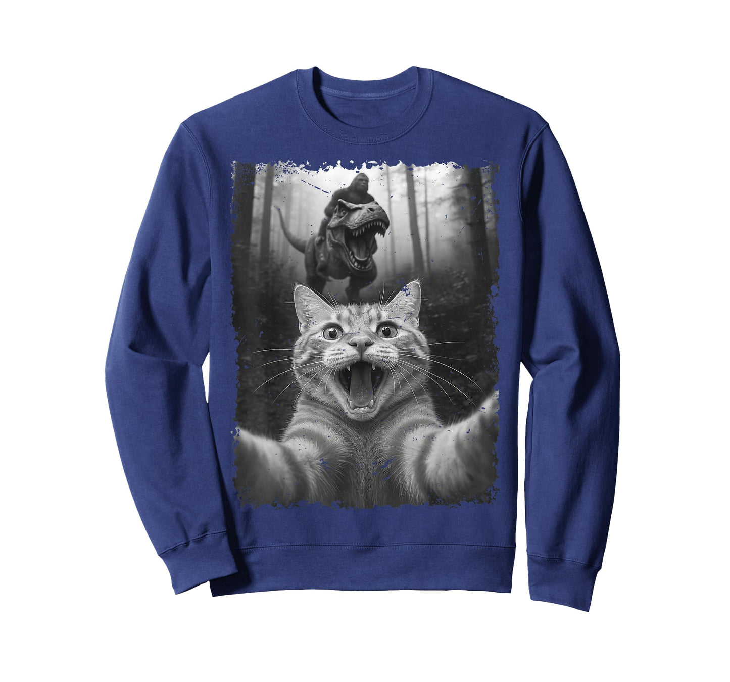 Funny Cat Selfie with T-Rex Dinosaur Bigfoot Black and White T-Shirt