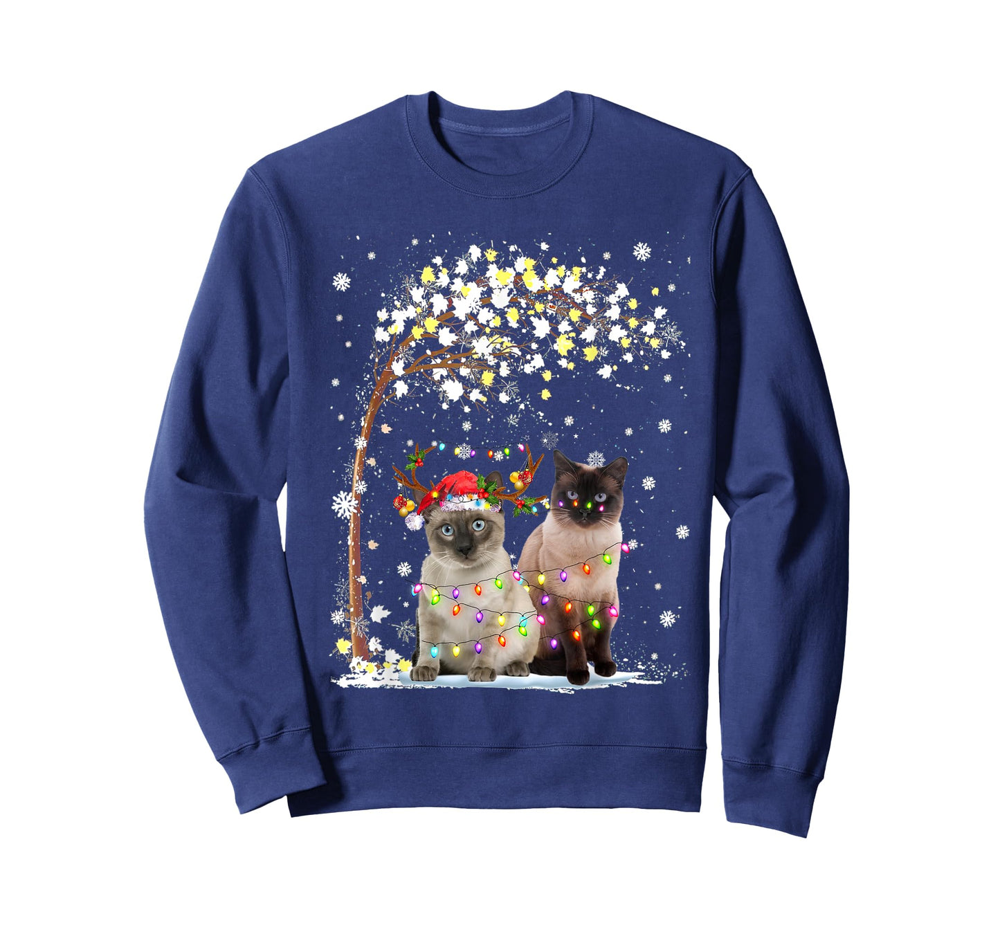 Siamese Cat Reindeer Hat Santa Christmas Tree Funny Xmas Men Women T-Shirt