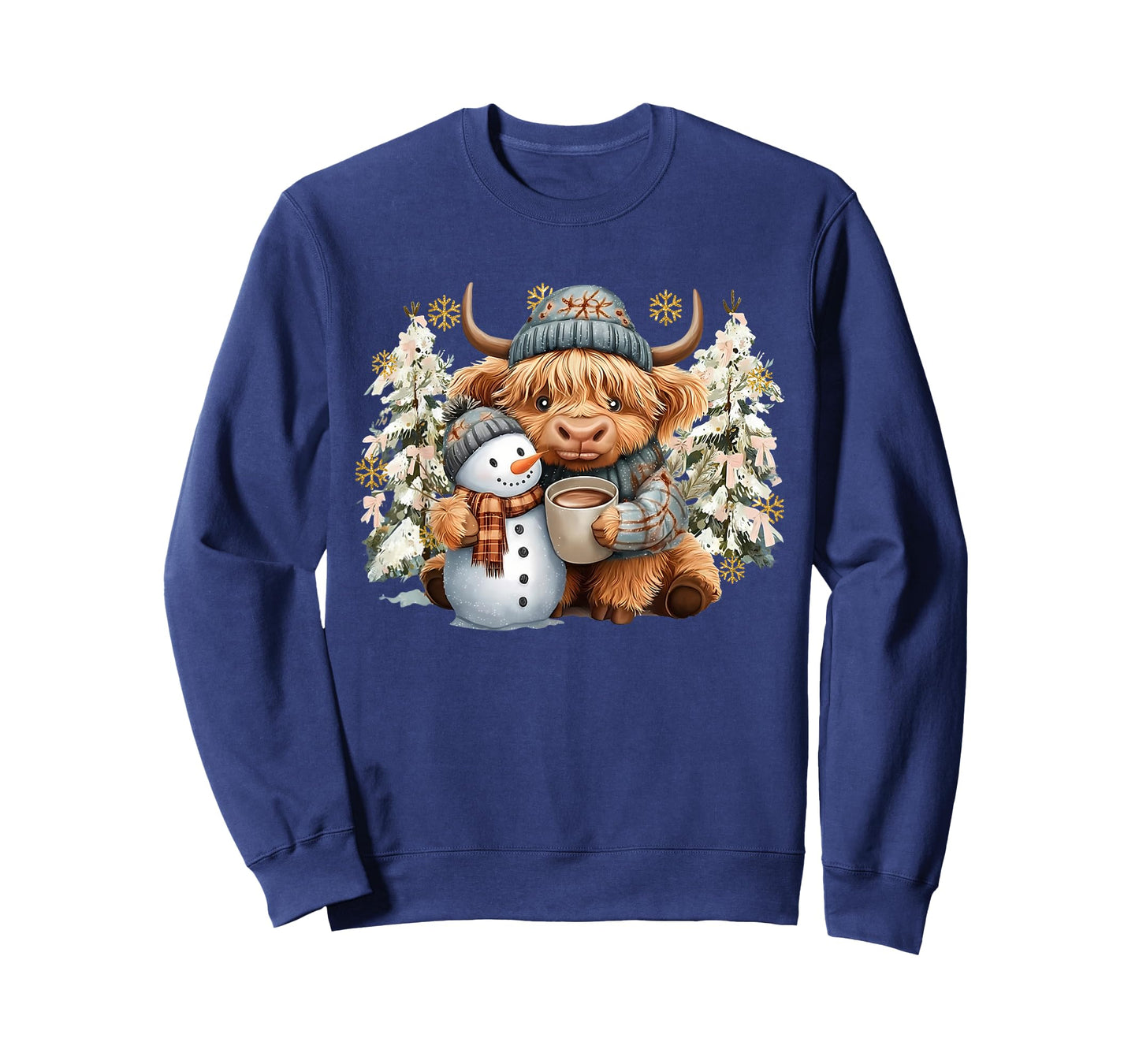 Cute Highland Cow with Snowman Hot Cocoa Christmas Trees T-Shirt