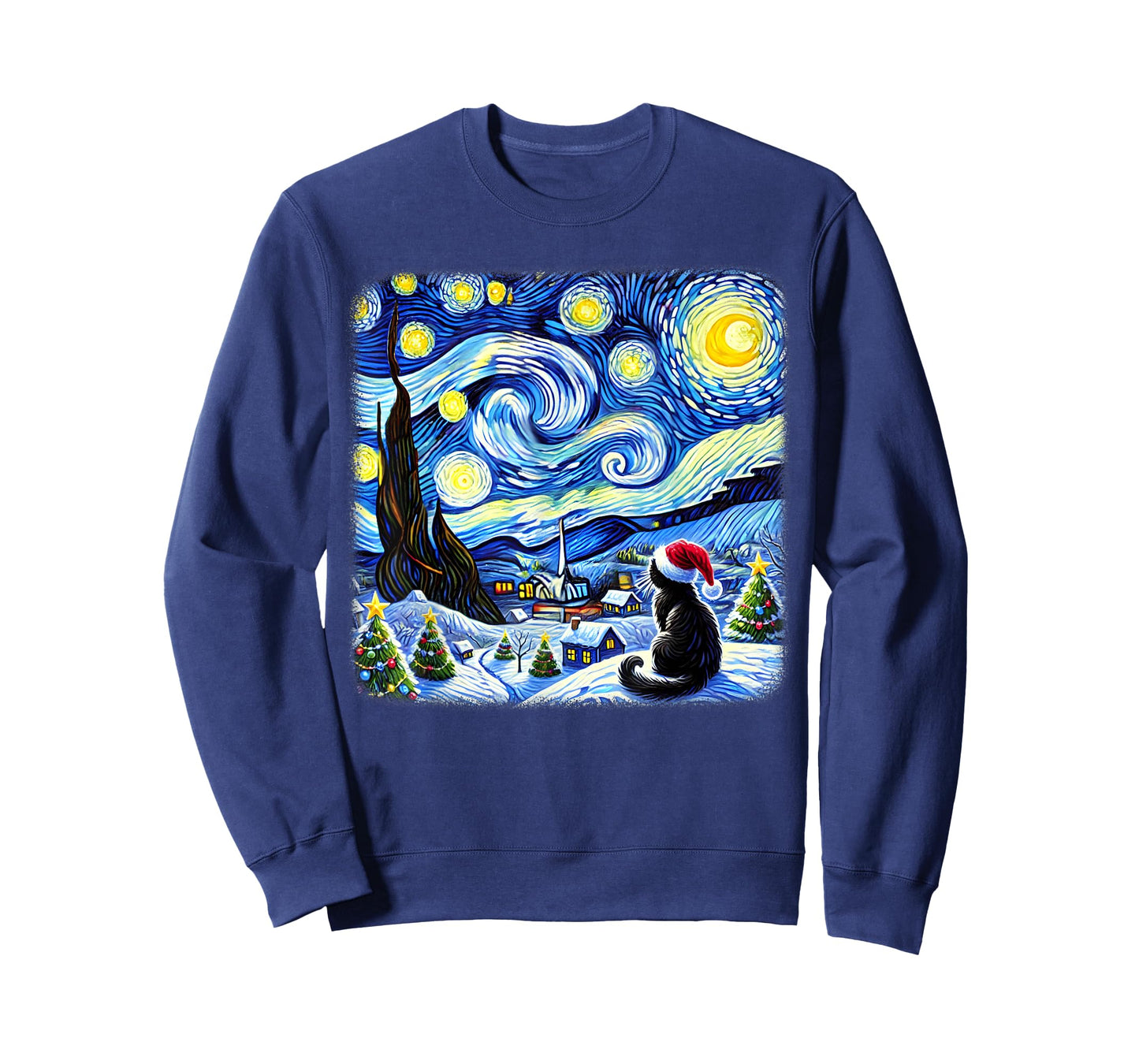 Christmas Van Gogh Starry Night Black Cat Santa Hat Xmas T-Shirt