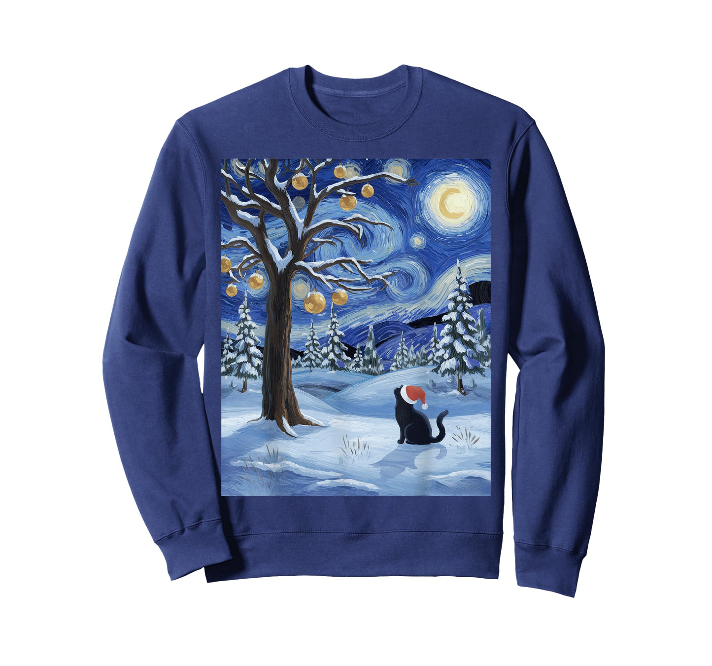 Starry Night Festive Christmas Cat Santa Winter Xmas T-Shirt for Men Women Kids
