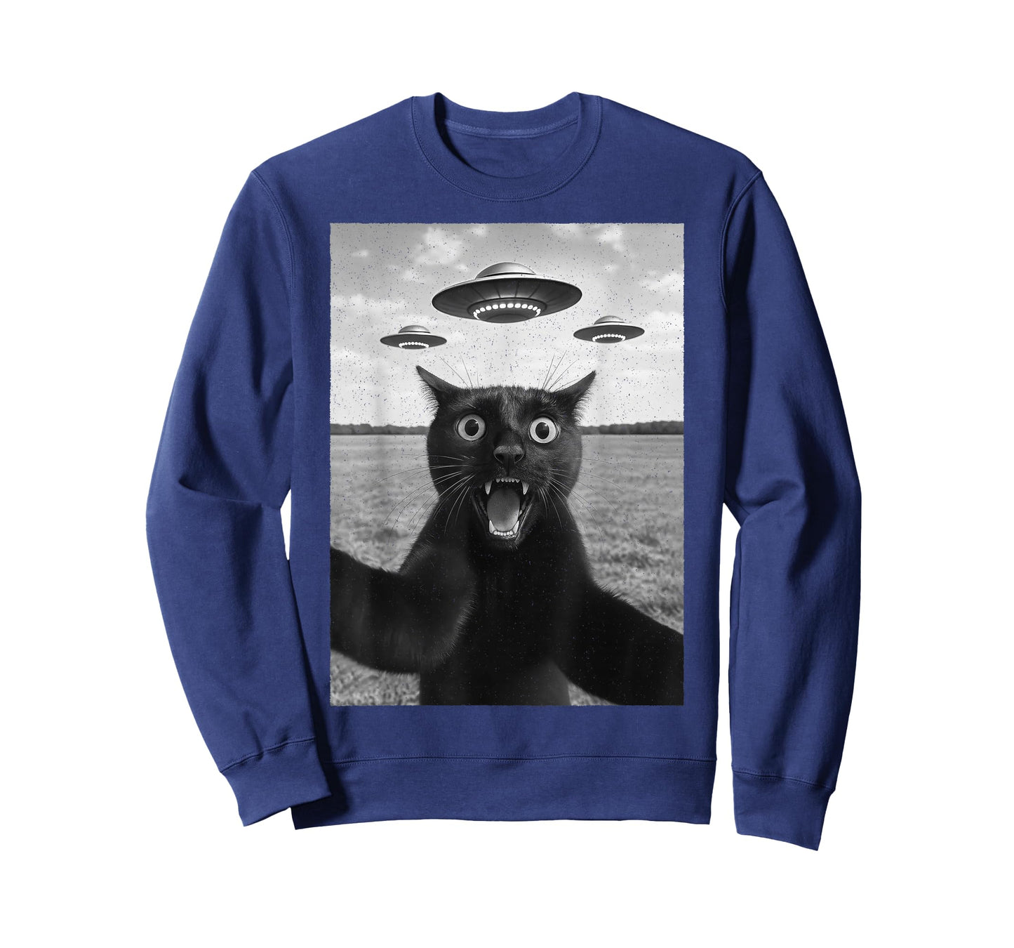 Black Cat UFO Selfie – Retro Alien Funny T-Shirt