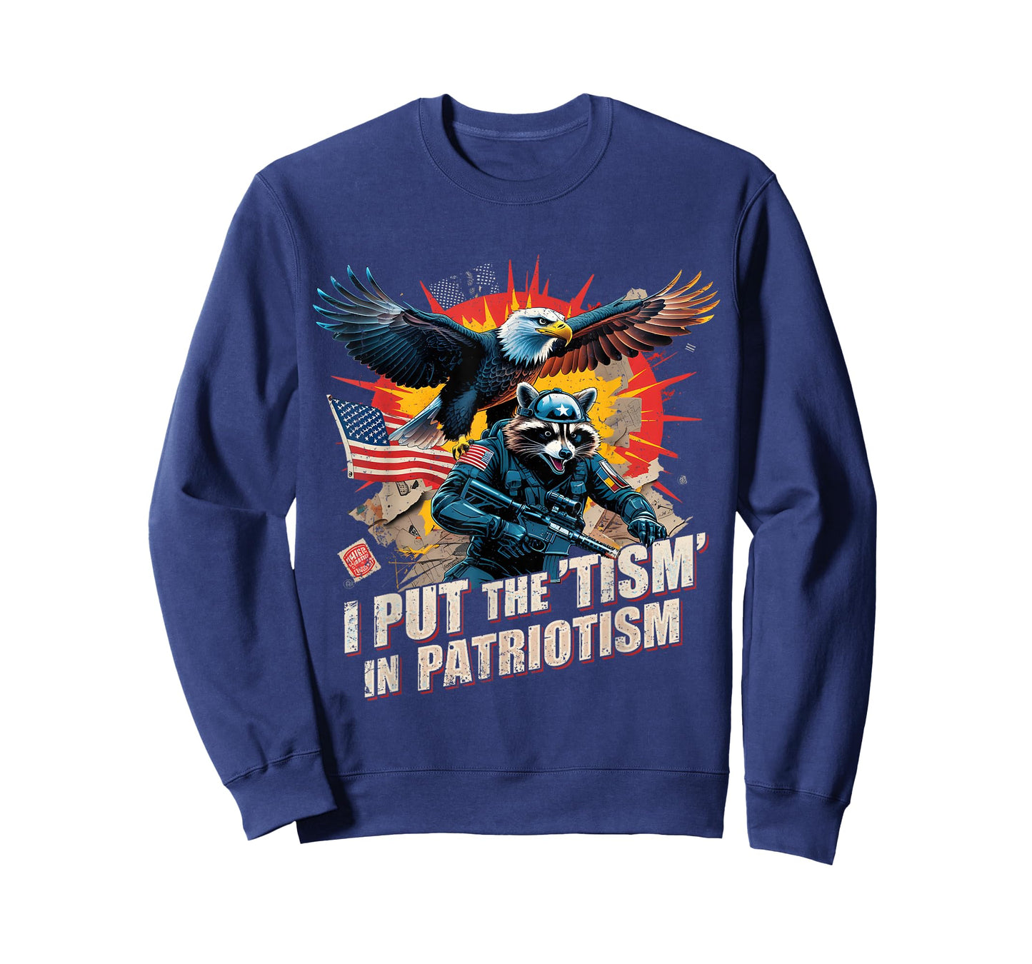 I Put The Tism in Patriotism Funny USA Patriotic Raccoon T-Shirt