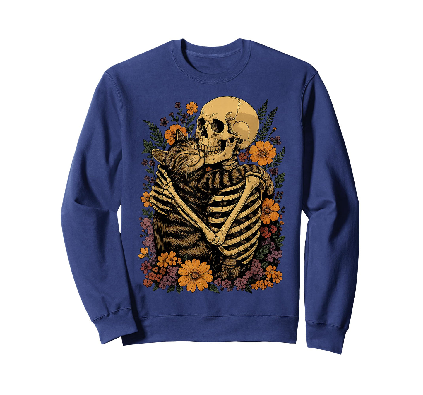 Skeleton Hugging Cat Floral Halloween Cats Lover T-Shirt