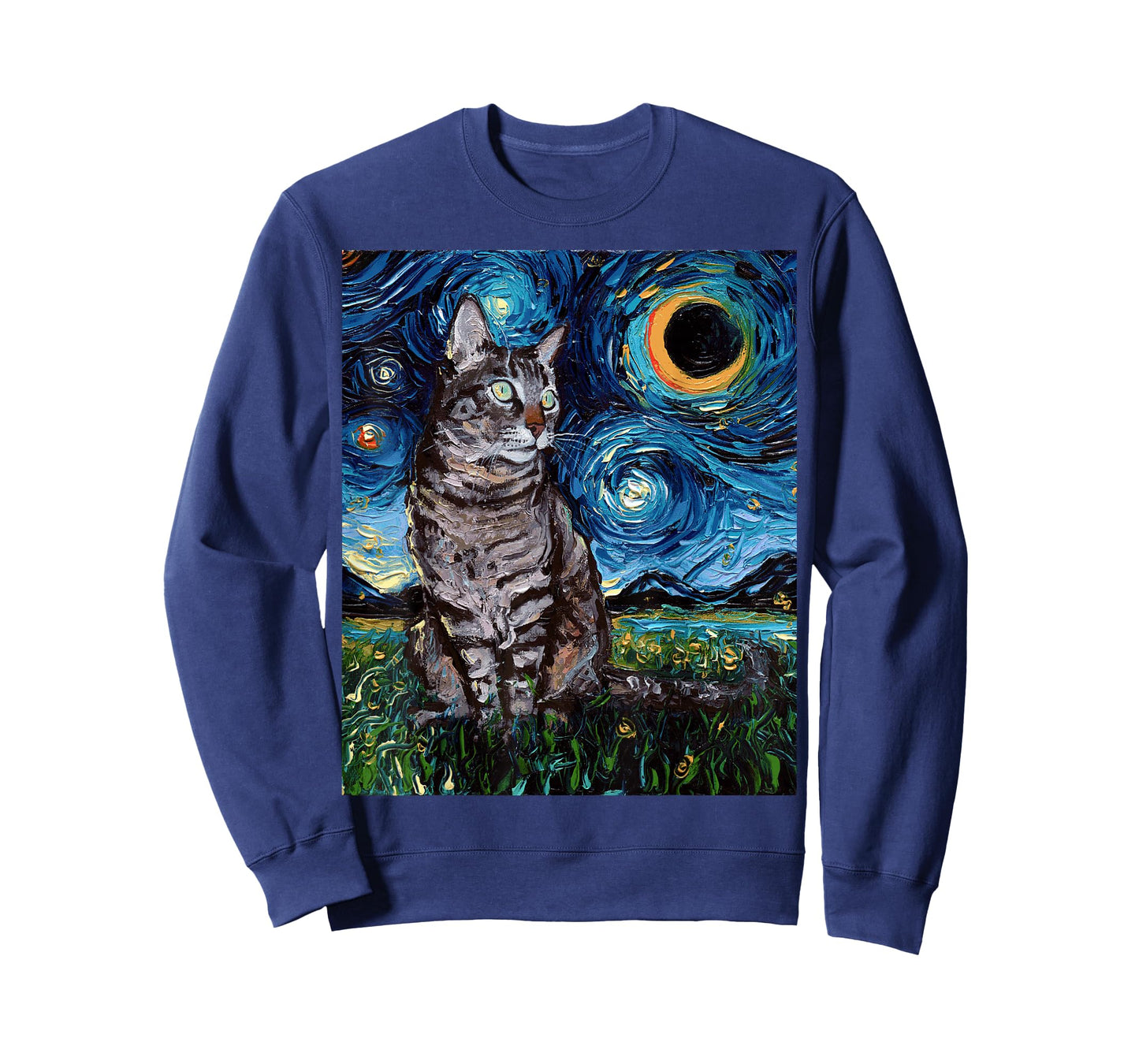Gray Tabby Tiger Cat Starry Night Moon and Stars Art by Aja T-Shirt