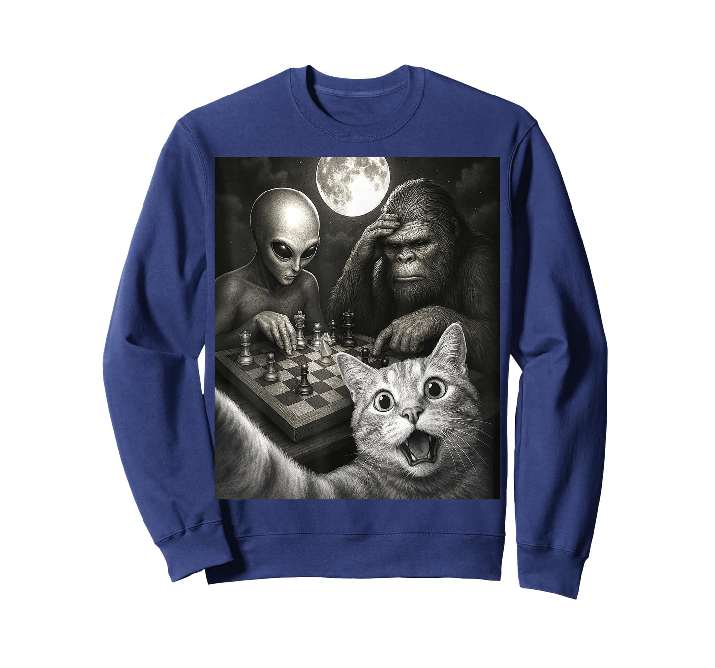 Funny Cat Selfie with a Bigfoot Playing Chess With Alien T-Shirt