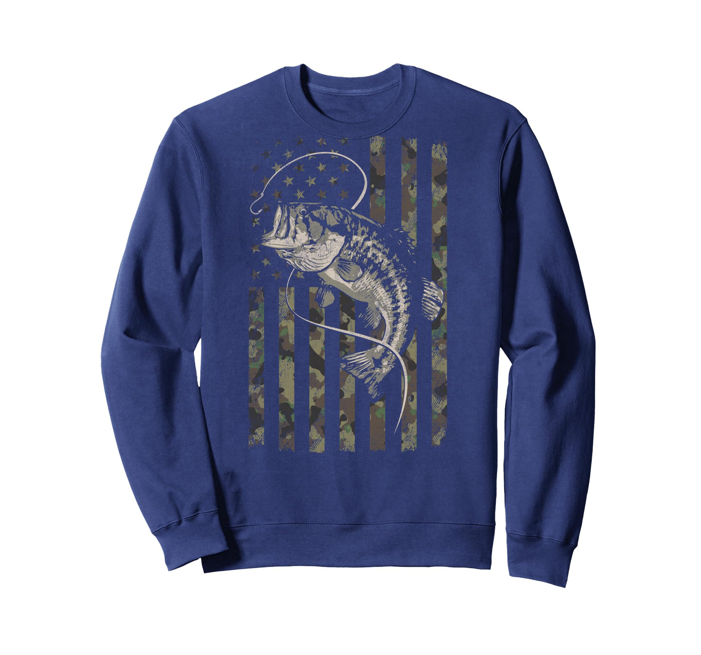 Fishing Camo American Flag Bass Fish (Design on Back) Long Sleeve T-Shirt