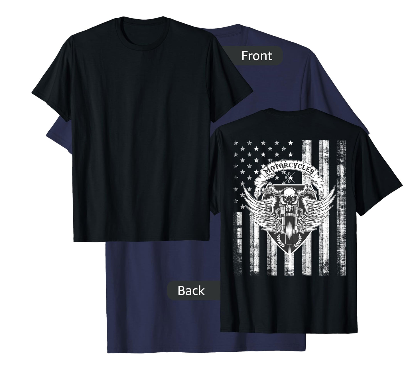 Biker Motorcycle Skull Distressed USA Flag Grunge - on Back T-Shirt