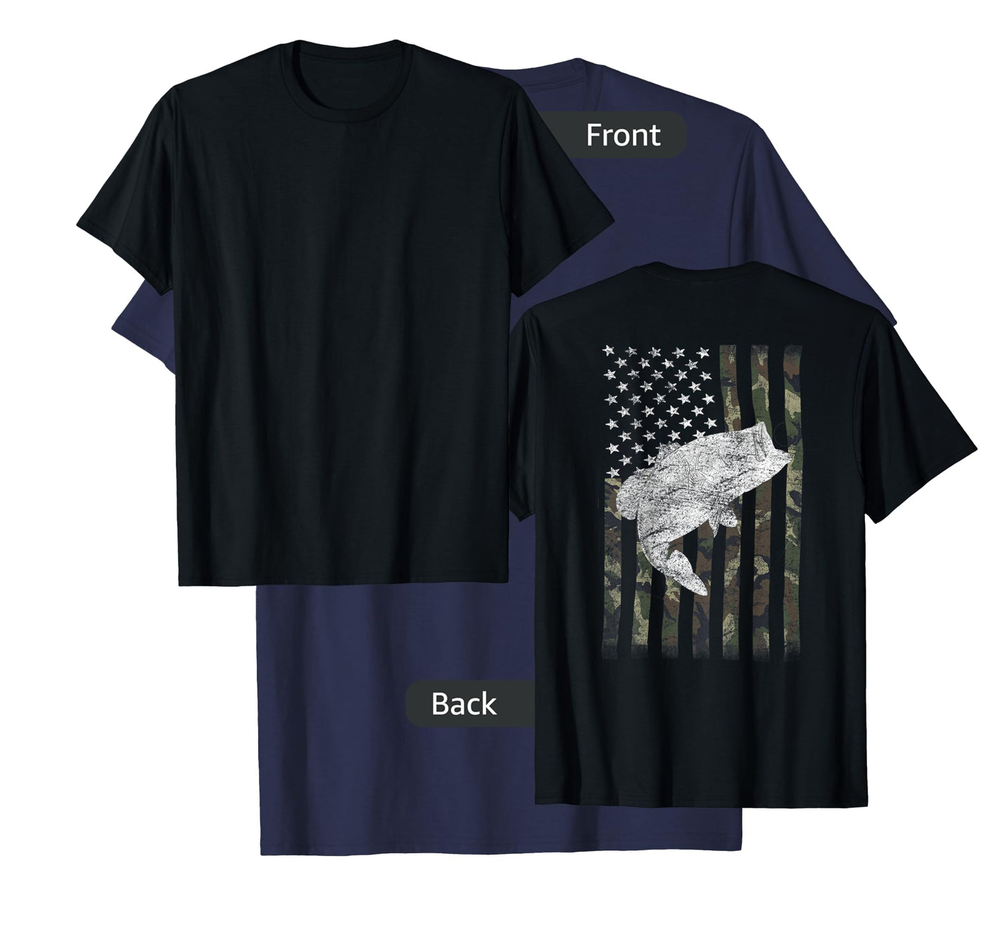 Bass Fishing American Camo USA Flag for Fisherman (on Back) T-Shirt Small