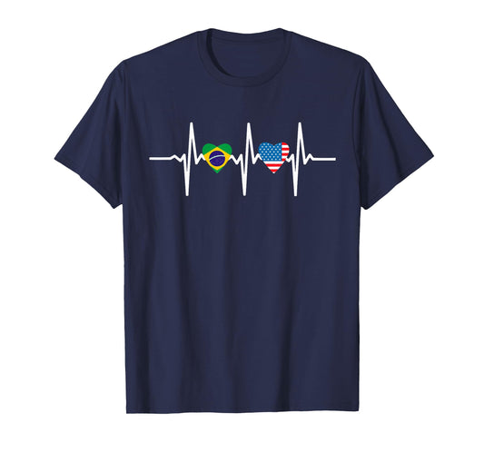 Half American Brazilian America Brazil Flag Heartbeat Heart T-Shirt
