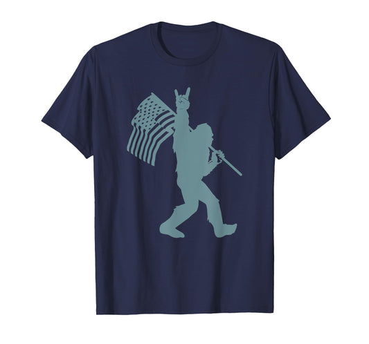 Funny Rock On Bigfoot Sasquatch Rock And Roll USA Flag Tee T-Shirt for Women Kids Men
