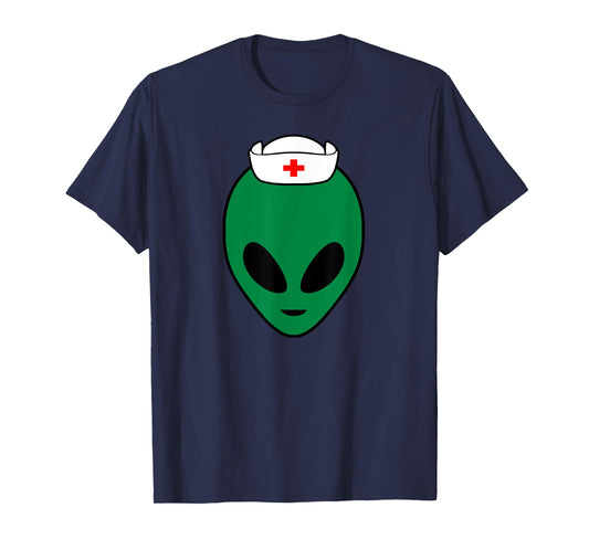 Cool Green Alien Head With Nurse's Hat Funny - Nurse Alien T-Shirt