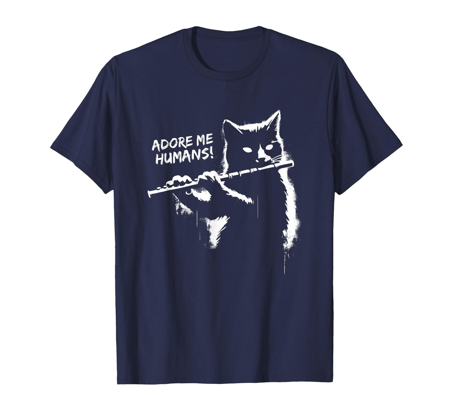 Retro Cat Apparel Gifts Black Cat Playing Flute - Funny Graphic Cat Kitten Lover T-Shirt, Small