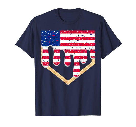 Baseball Ice Cream Drip Patriotic American Flag 4th Of July T-Shirt