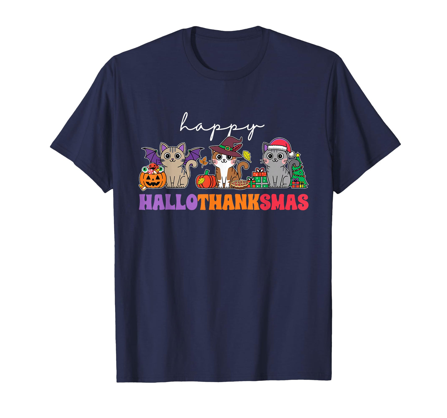 HalloThanksMas Cats T-Shirt: Unisex-Adults, Unisex-Kids, Black, Small, Short Sleeve, T-Shirt, Halloween, Thanksgiving, Christmas, Fall, Winter, Autumn