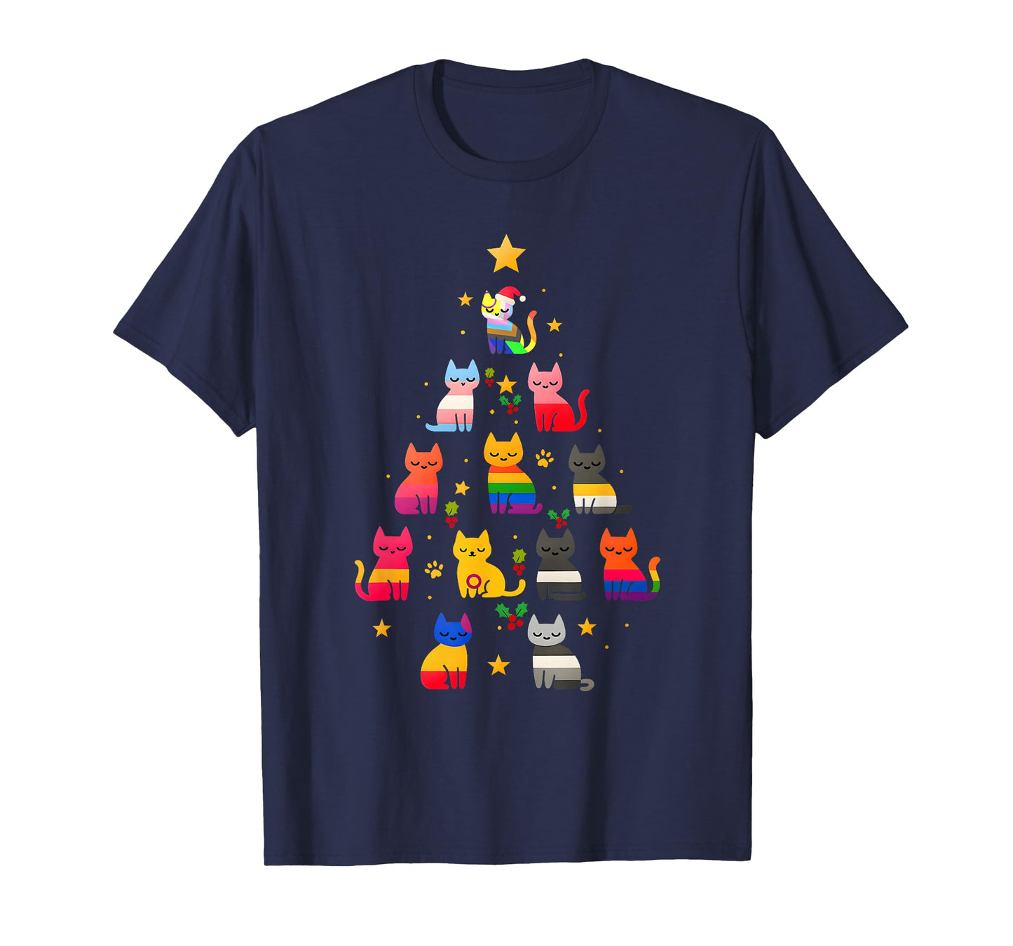 Pride Cat Christmas Tree LGBTQ Rainbow Cats Apparel T-Shirt