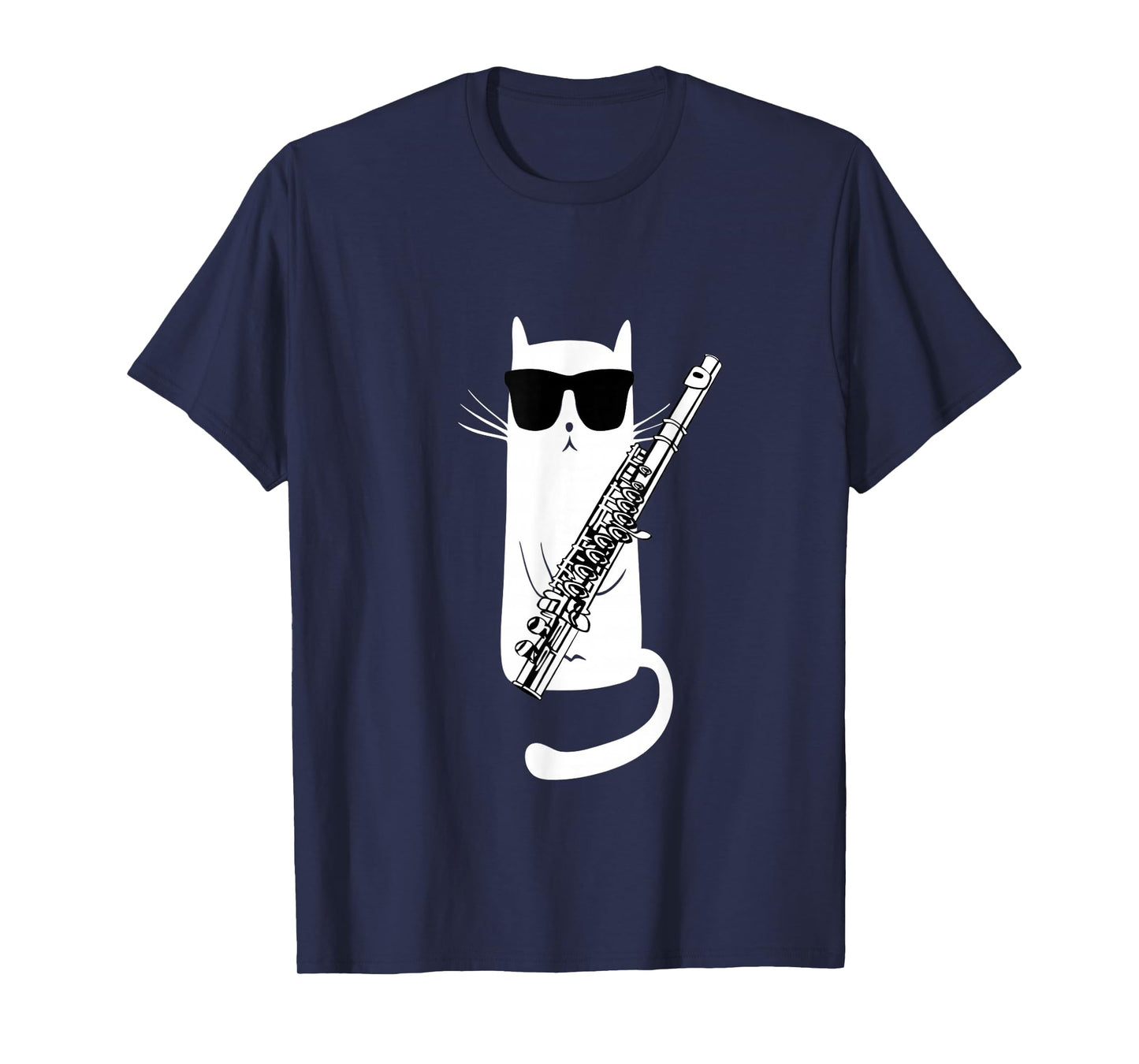 Funny Cat Wearing Sunglasses Playing Flute T-Shirt Small
