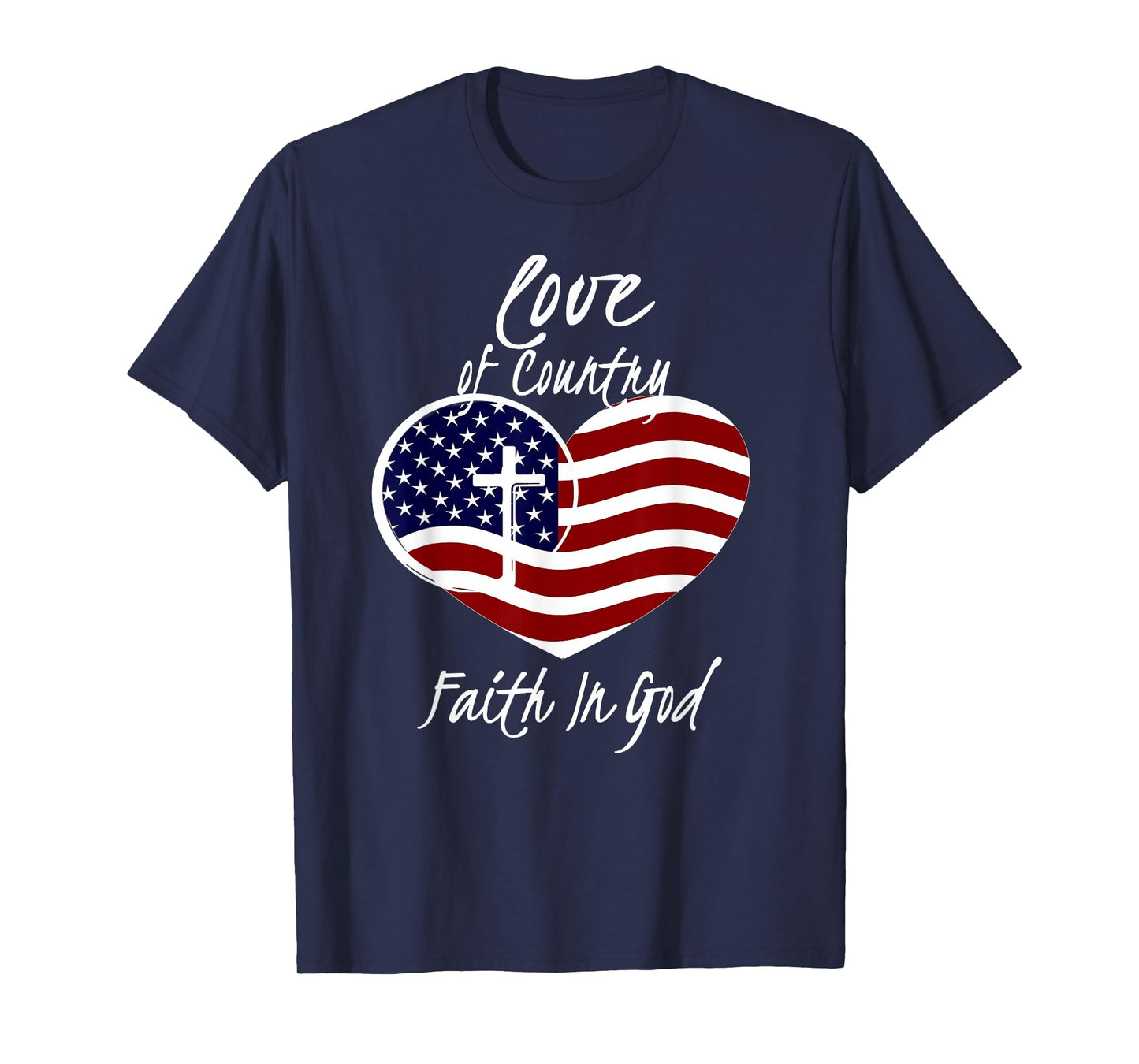 Patriotic Christian Faith in God Heart Cross American Flag T-Shirt Small