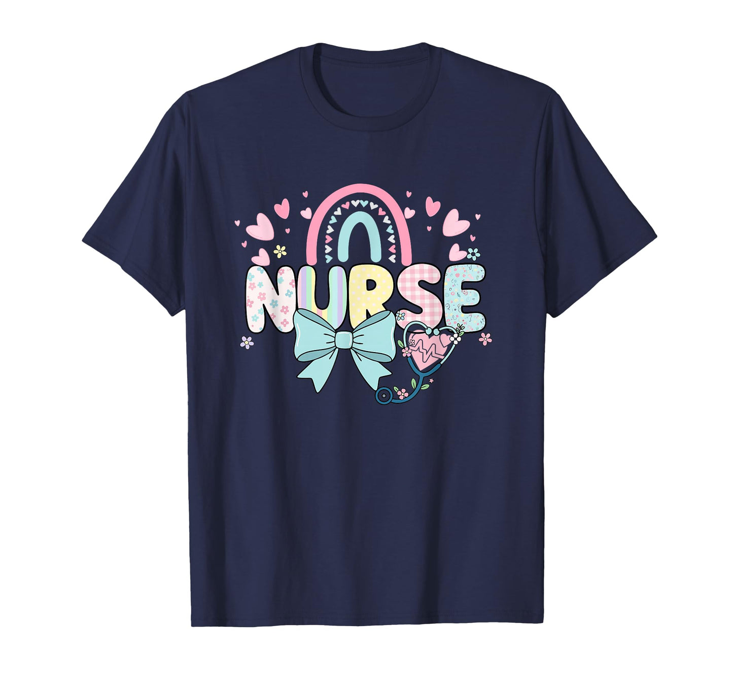 Colorful Nurse Rainbow Bow Stethoscope Heart Design T-Shirt