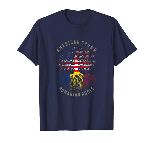 American Grown Romanian Roots USA Romania Flag Heritage Tree T-Shirt