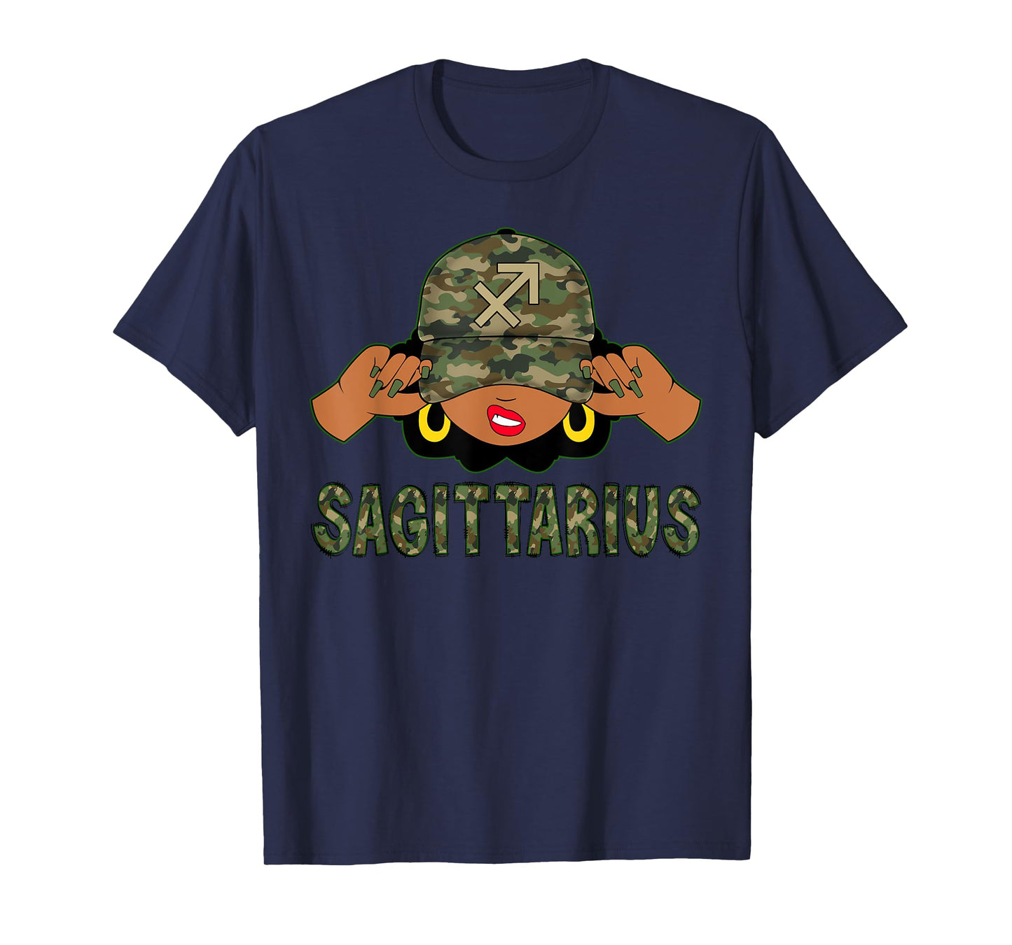 Sagittarius Queen Black Woman With Camo Cap Afro Girl Zodiac T-Shirt