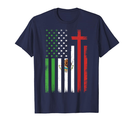 USA Flag Mexican American Christian Cross Mexico America T-Shirt