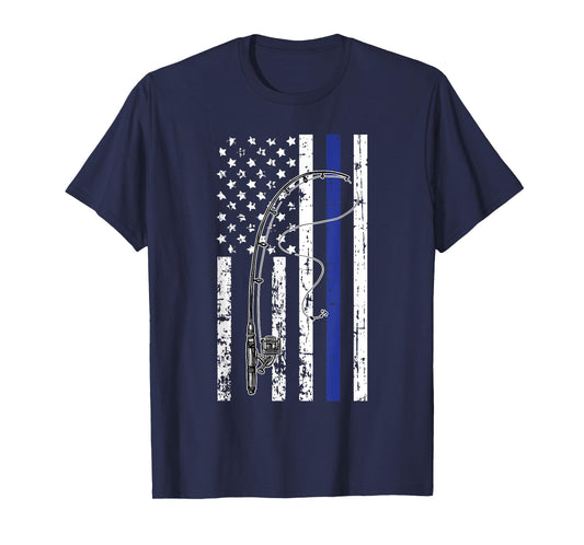 American Flag Blue Line Fishing Cool Police Officer Gifts T-Shirt
